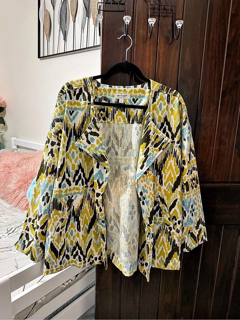 Once Again NYC Abstract Open Front Jacket in Yellow & Blue Size Large Like